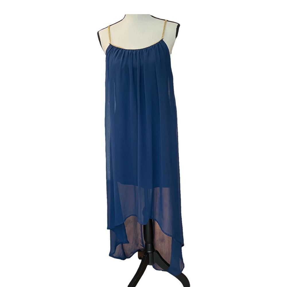 UK2LA Womens Slip Dress Blue High-Low Chiffon Sleeveless Midi Gold Solid M